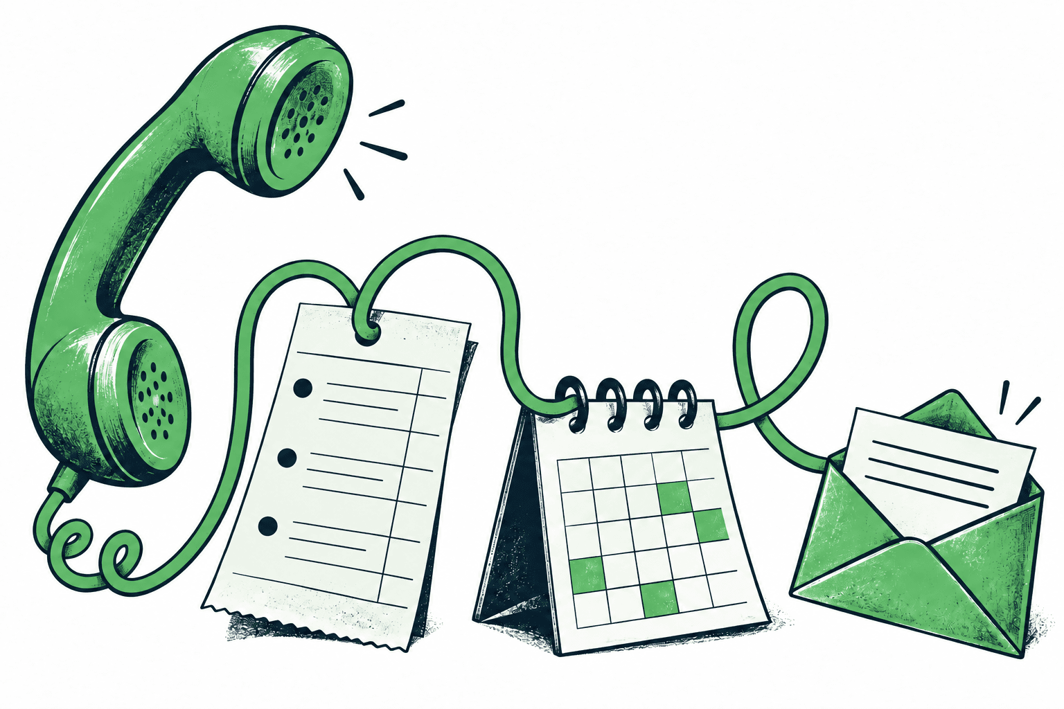 A telephone line connects an order, an appointment calendar, and a message.